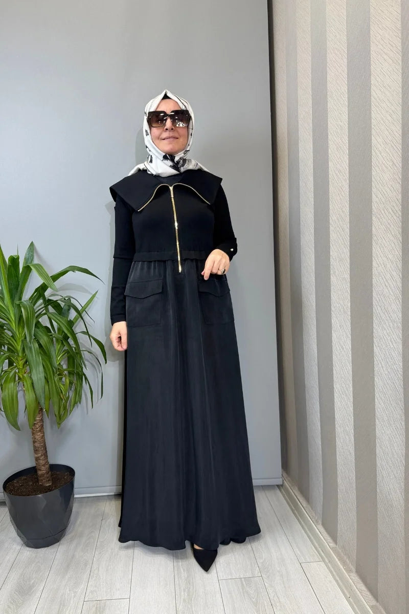 Miss Dalida Fermuar Detaylı Yüksek Yakalı Cupro Elbise Siyah T26Y- 4032 - Siyah - Görsel 1 #renk_siyah