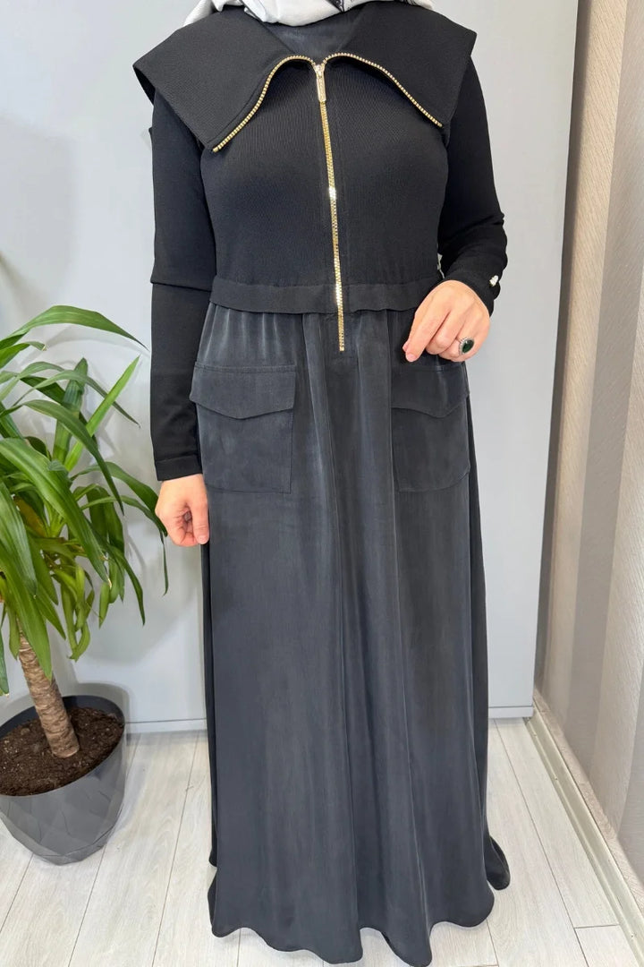 Miss Dalida Fermuar Detaylı Yüksek Yakalı Cupro Elbise Siyah T26Y- 4032 - Siyah - Görsel 3 