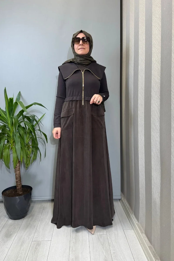 Miss Dalida Fermuar Detaylı Yüksek Yakalı Cupro Elbise Siyah T26Y- 4032 - Kahve - Görsel 1 
