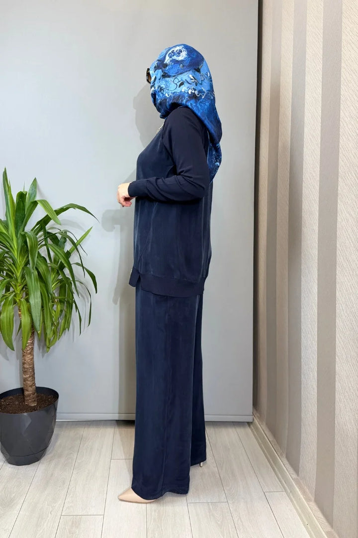 Miss Dalida Bol Paça Basic Cupro Pantolon Lacivert T26Y- 7003 - Lacivert - Görsel 3 