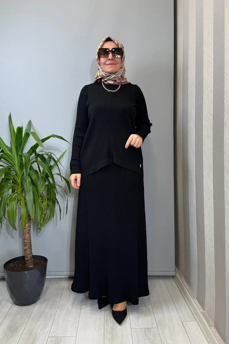 Miss Dalida Rahat Kesim Fitilli Triko Etek Takım Siyah T26Y-6032 (T26Y-2023) - Siyah - Görsel 1 #renk_siyah