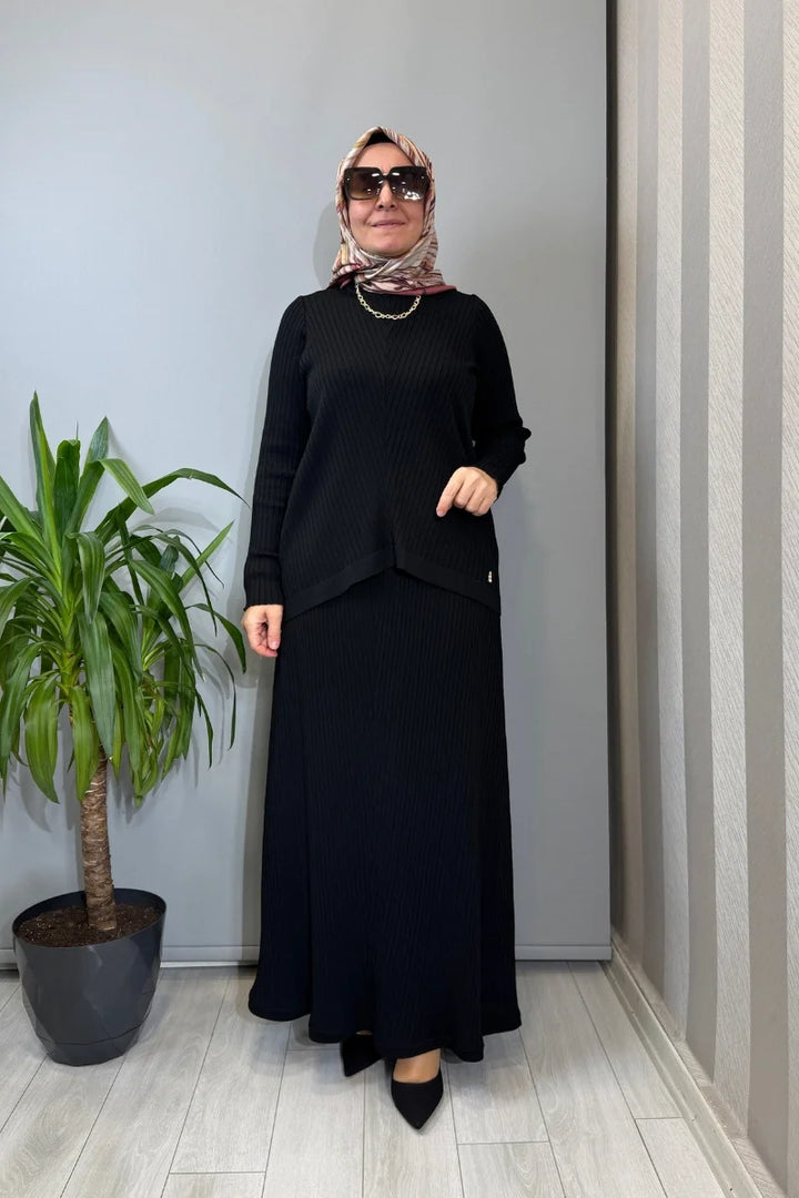 Miss Dalida Rahat Kesim Fitilli Triko Etek Takım Siyah T26Y-6032 (T26Y-2023) - Siyah - Görsel 1 