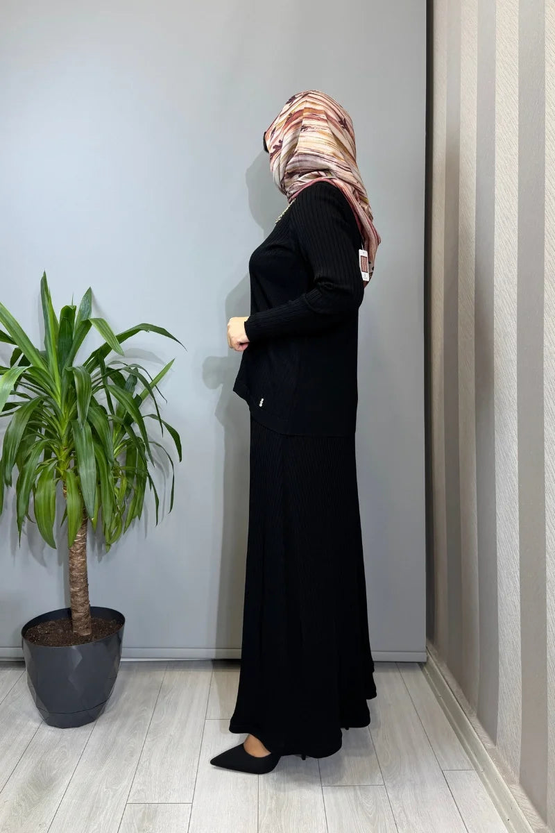 Miss Dalida Rahat Kesim Fitilli Triko Etek Takım Siyah T26Y-6032 (T26Y-2023) - Siyah - Görsel 2 #renk_siyah