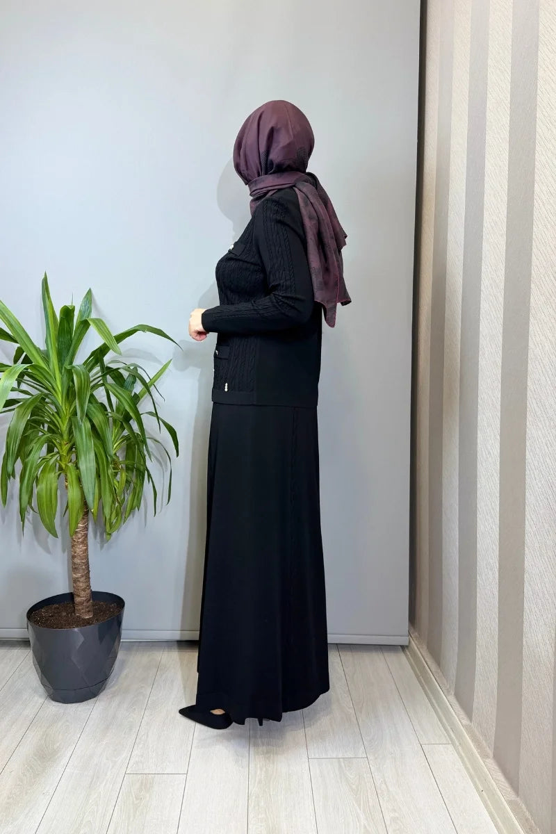 Miss Dalida Saç Örgüsü Klasik Triko Ceket Etek Takım Siyah T26Y-8200 (T26Y-2002) - Siyah - Görsel 2 #renk_siyah