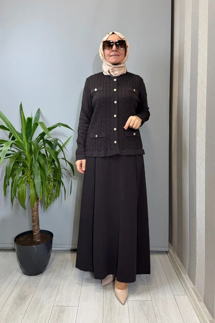 Miss Dalida Saç Örgüsü Klasik Triko Ceket Etek Takım Siyah T26Y-8200 (T26Y-2002) - Kahve - Görsel 1 