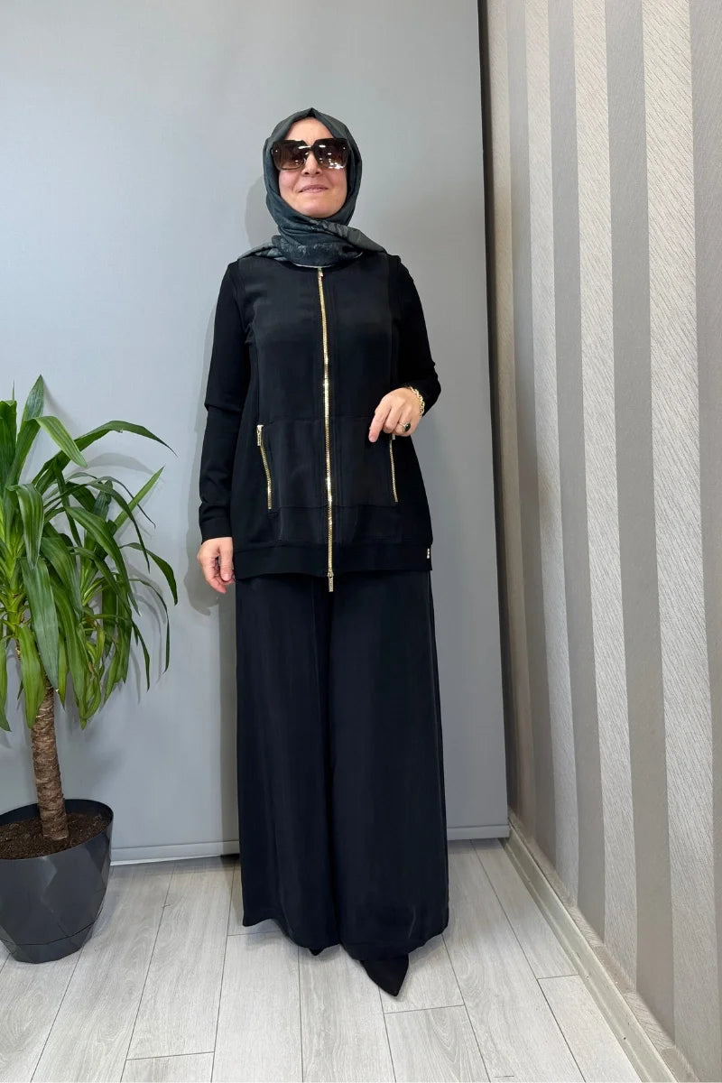 Miss Dalida Fermuarlı Cupro Detaylı Triko Ceket Siyah T26Y- 8203 - Siyah - Görsel 1 #renk_siyah