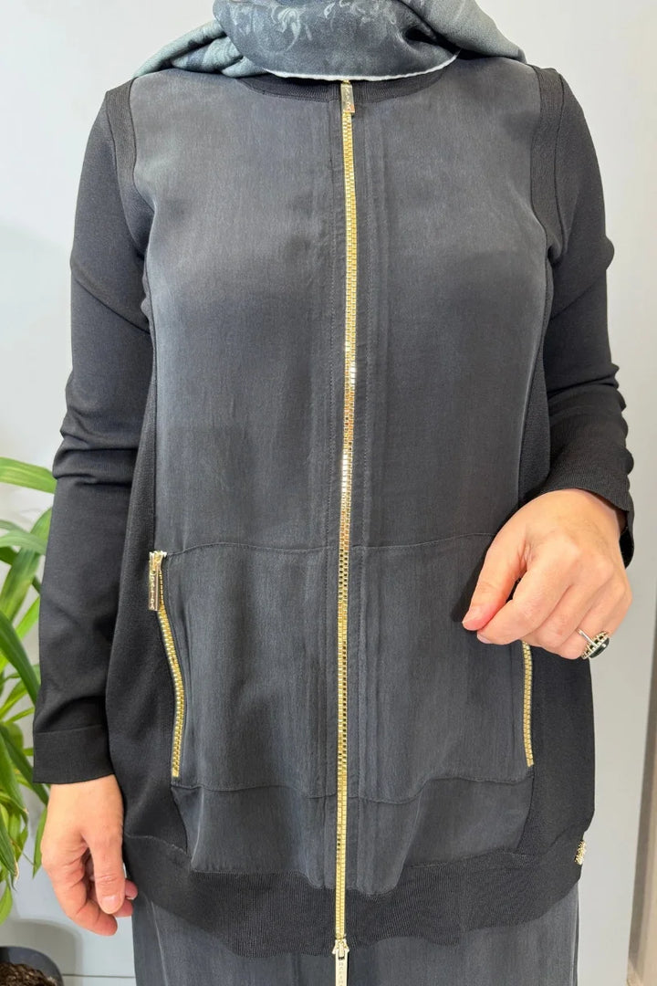 Miss Dalida Fermuarlı Cupro Detaylı Triko Ceket Siyah T26Y- 8203 - Siyah - Görsel 3 
