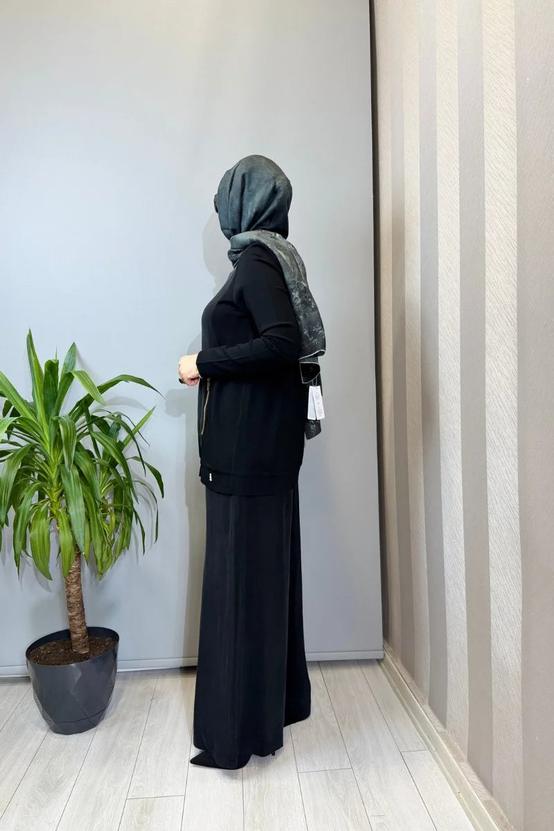 Miss Dalida Fermuarlı Cupro Detaylı Triko Ceket Siyah T26Y- 8203 - Siyah - Görsel 2 #renk_siyah