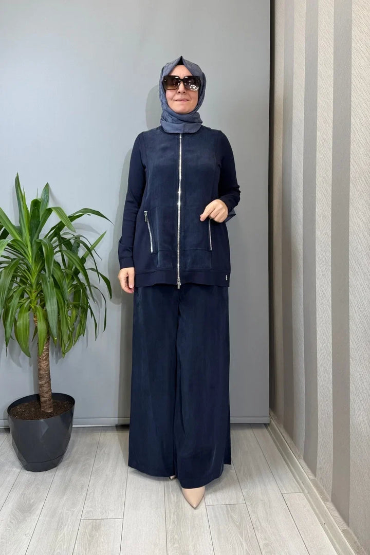 Miss Dalida Fermuarlı Cupro Detaylı Triko Ceket Siyah T26Y- 8203 - Lacivert - Görsel 1 