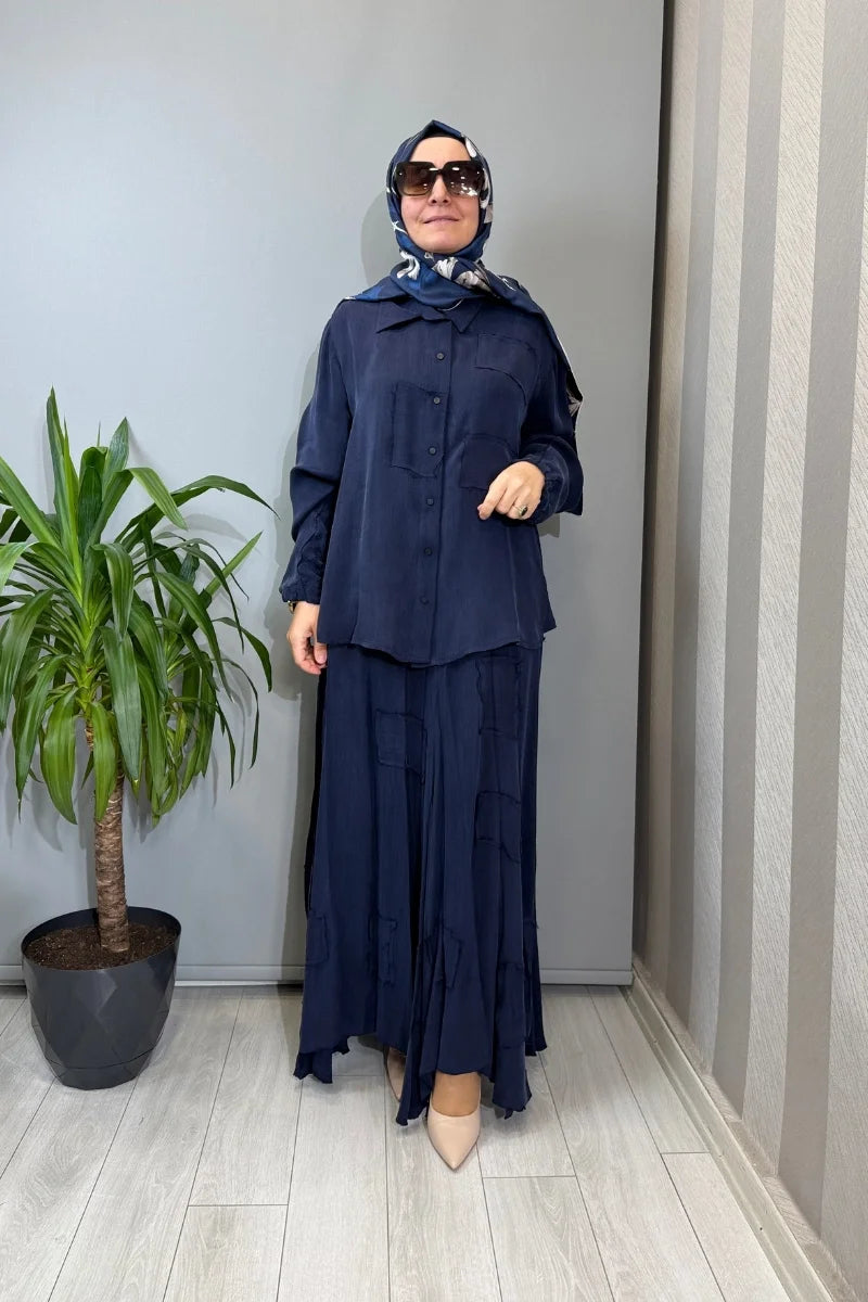 Misswhence Parça Kumaş Detaylı İpek Takım 39304 - Lacivert - Görsel 1 #renk_lacivert