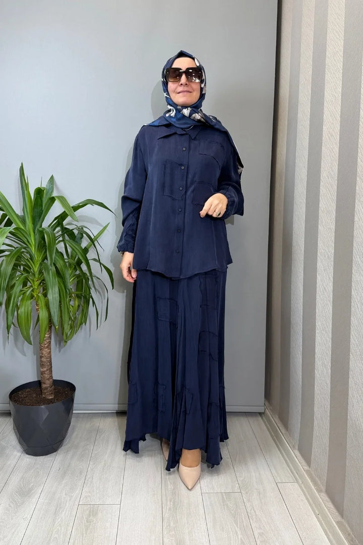 Misswhence Parça Kumaş Detaylı İpek Takım 39304 - Lacivert - Görsel 1 