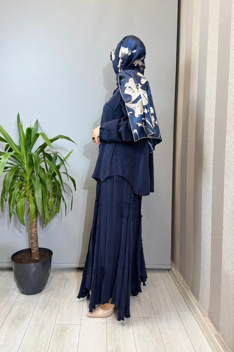 Misswhence Parça Kumaş Detaylı İpek Takım 39304 - Lacivert - Görsel 2 #renk_lacivert