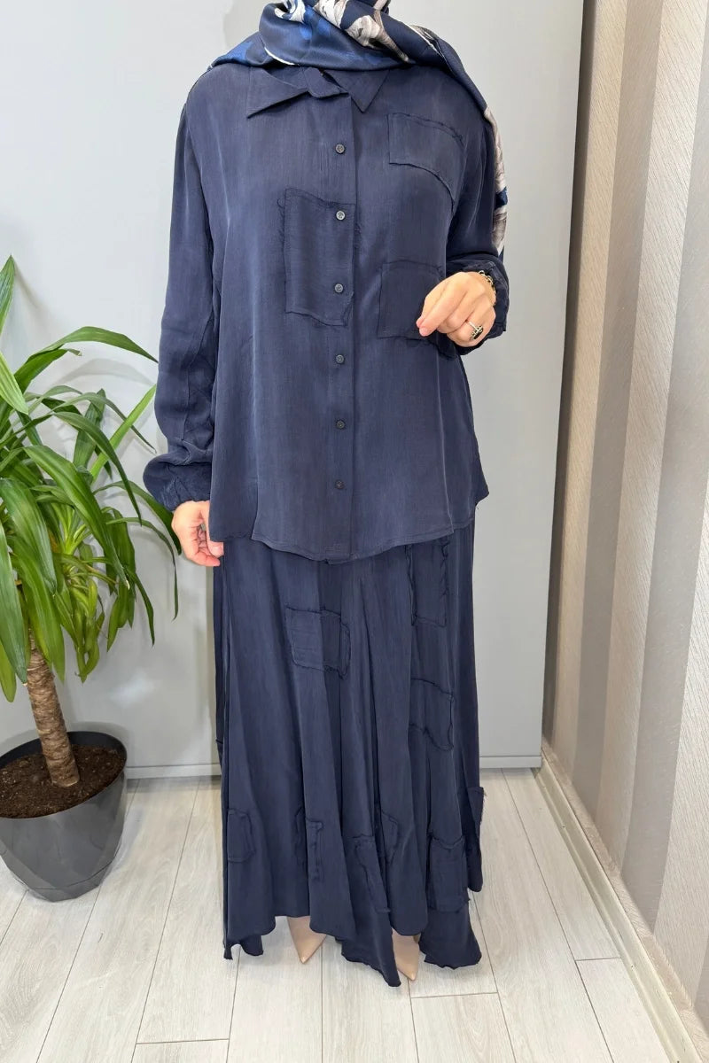 Misswhence Parça Kumaş Detaylı İpek Takım 39304 - Lacivert - Görsel 4 