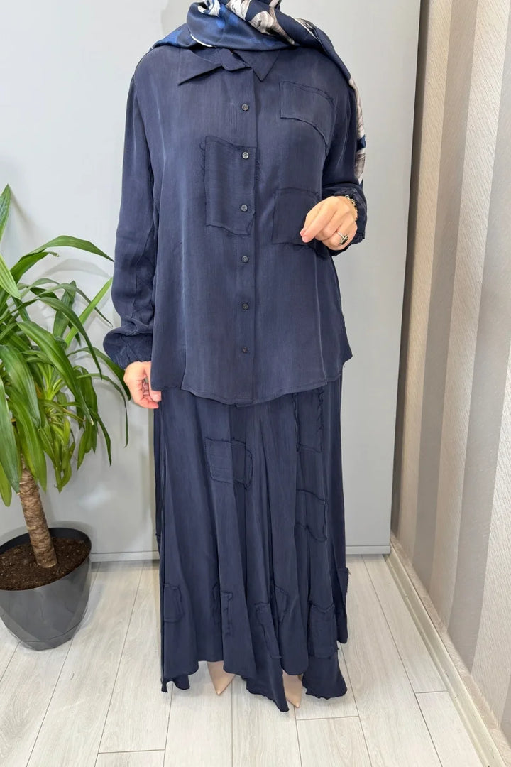 Misswhence Parça Kumaş Detaylı İpek Takım 39304 - Lacivert - Görsel 4 
