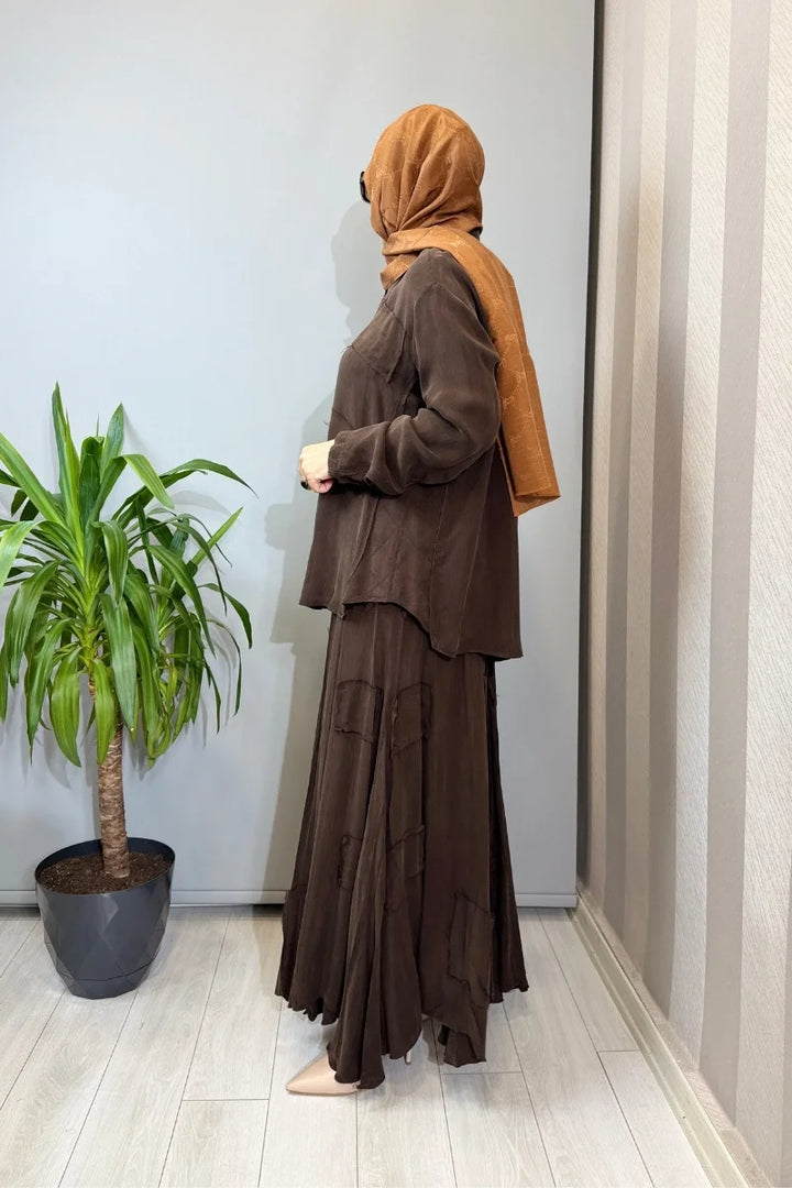 Misswhence Parça Kumaş Detaylı İpek Takım 39304 - Kahve - Görsel 2 