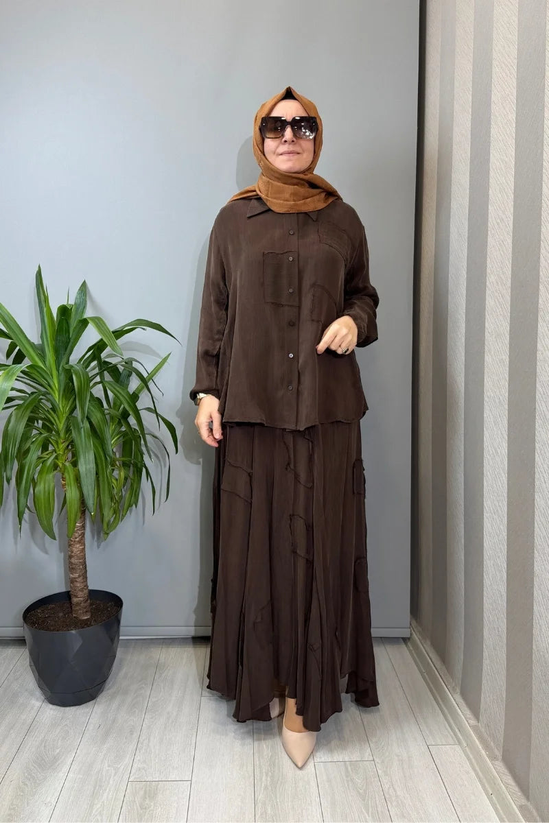 Misswhence Parça Kumaş Detaylı İpek Takım 39304 - Kahve - Görsel 1 