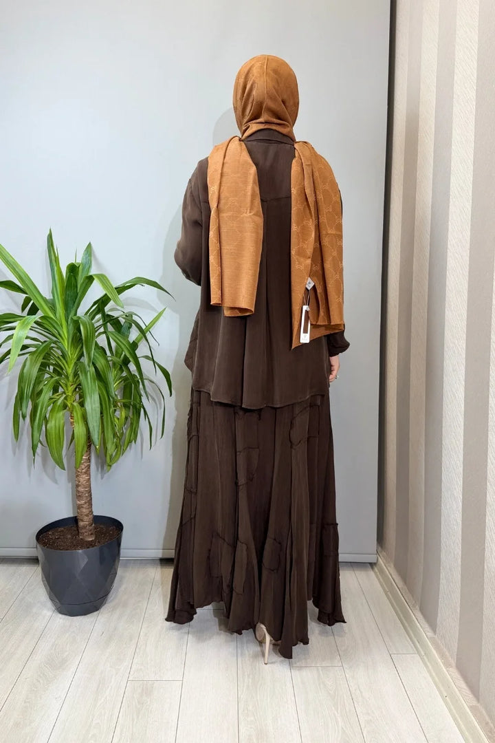 Misswhence Parça Kumaş Detaylı İpek Takım 39304 - Kahve - Görsel 4 