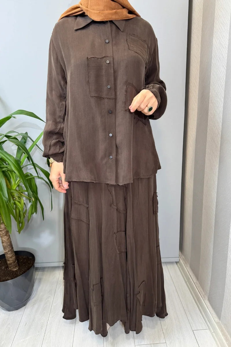 Misswhence Parça Kumaş Detaylı İpek Takım 39304 - Kahve - Görsel 3 