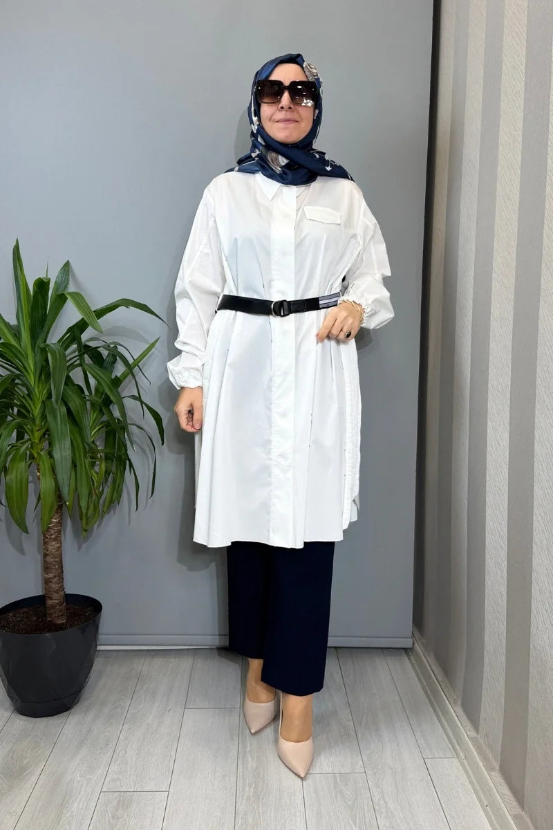 Misswhence Nervür Detaylı Kemerli Gömlek 39305 - Beyaz - Görsel 1 #renk_beyaz