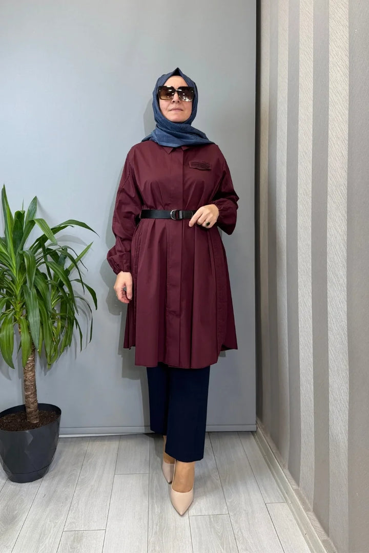 Misswhence Nervür Detaylı Kemerli Gömlek 39305 - Bordo - Görsel 1 
