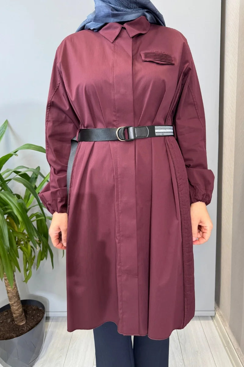 Misswhence Nervür Detaylı Kemerli Gömlek 39305 - Bordo - Görsel 4 