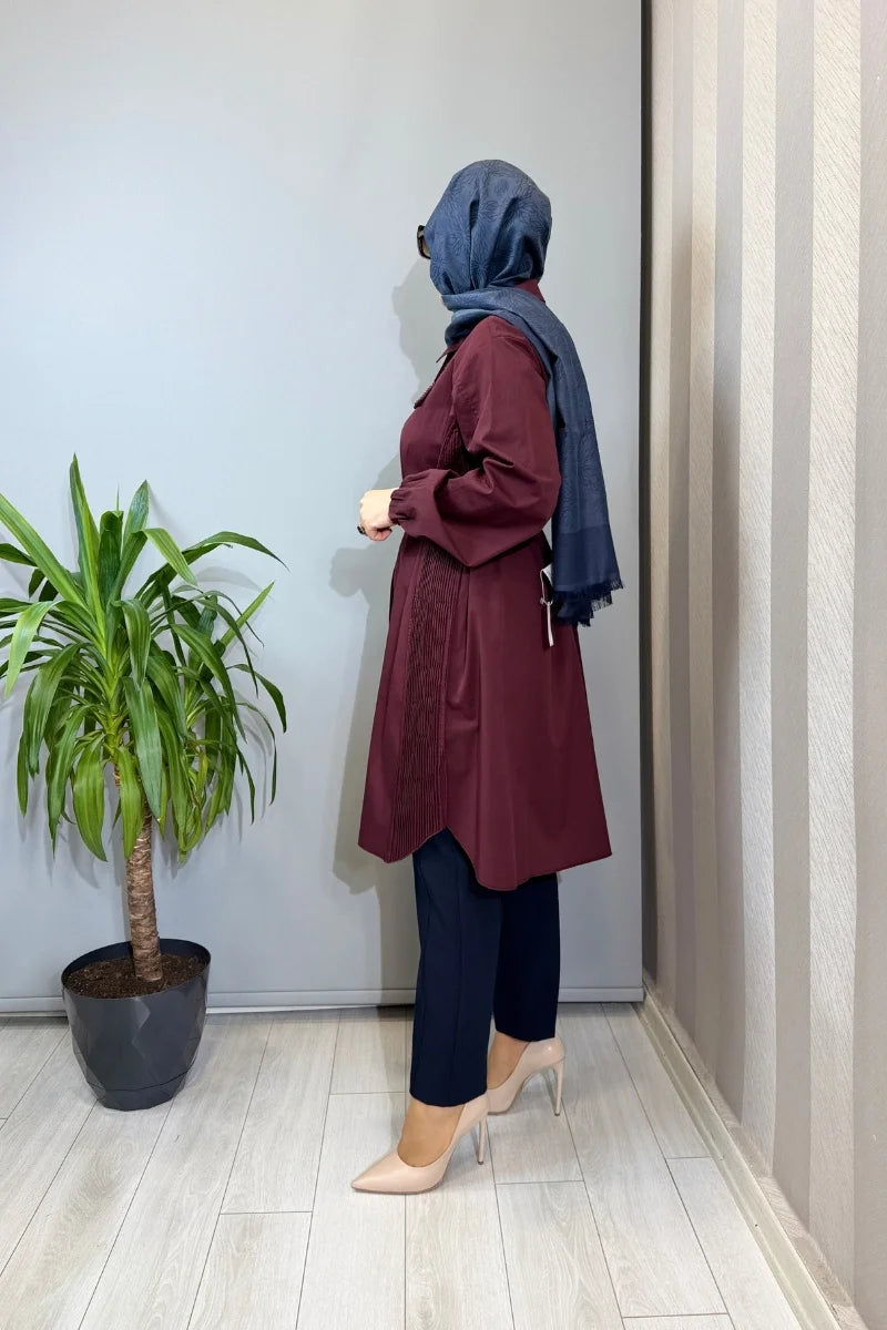 Misswhence Nervür Detaylı Kemerli Gömlek 39305 - Bordo - Görsel 2 