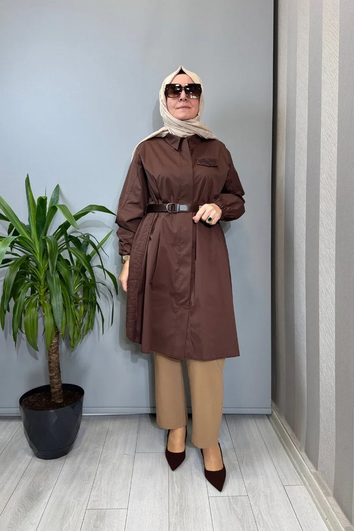 Misswhence Nervür Detaylı Kemerli Gömlek 39305 - Kahve - Görsel 1 