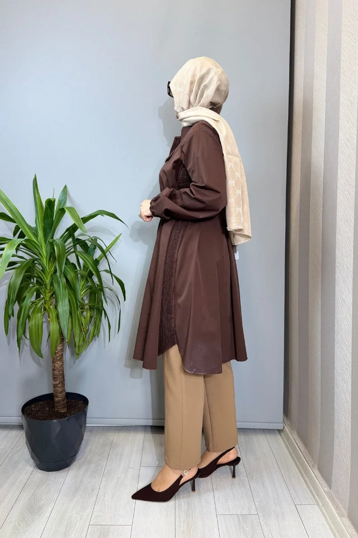 Misswhence Nervür Detaylı Kemerli Gömlek 39305 - Kahve - Görsel 2 