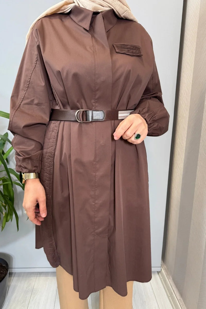 Misswhence Nervür Detaylı Kemerli Gömlek 39305 - Kahve - Görsel 4 