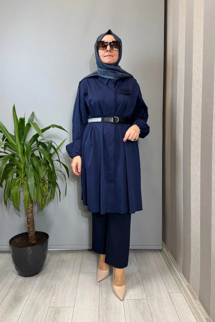 Misswhence Nervür Detaylı Kemerli Gömlek 39305 - Lacivert - Görsel 1 