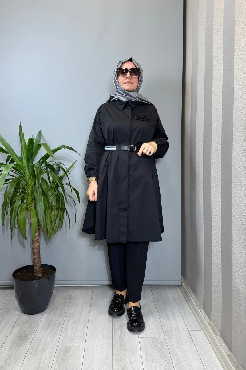 Misswhence Nervür Detaylı Kemerli Gömlek 39305 - Siyah - Görsel 1 