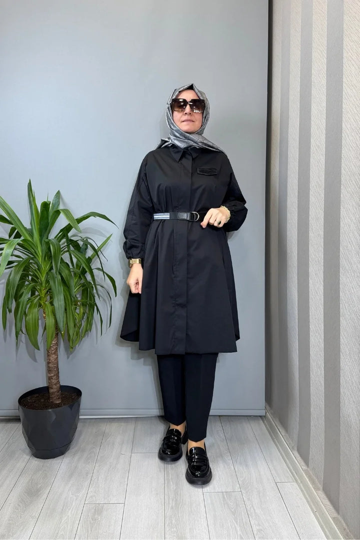 Misswhence Nervür Detaylı Kemerli Gömlek 39305 - Siyah - Görsel 1 