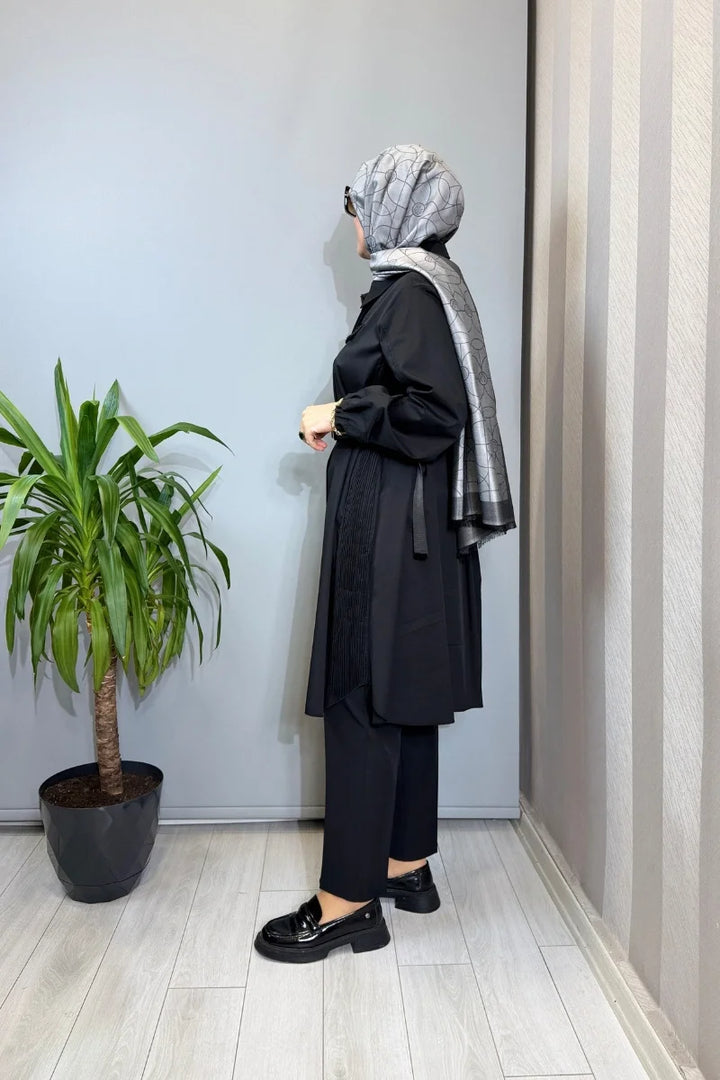 Misswhence Nervür Detaylı Kemerli Gömlek 39305 - Siyah - Görsel 2 