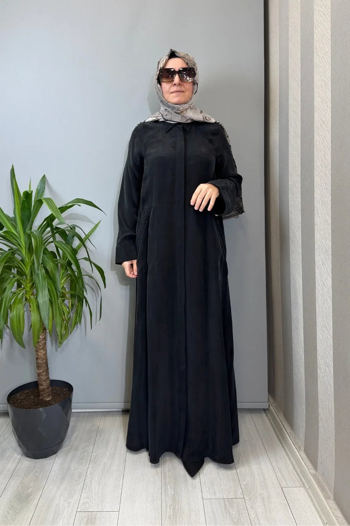 Miss Dalida Nakış Detaylı Cupro Kap Siyah T26Y- 8003 - Siyah - Görsel 1 