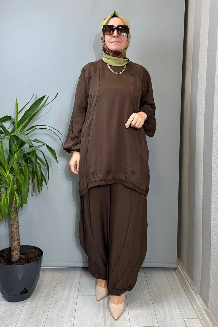 Misswhence Parça Detaylı Tunik Şalvar Takım 39022 - Kahve - Görsel 1 
