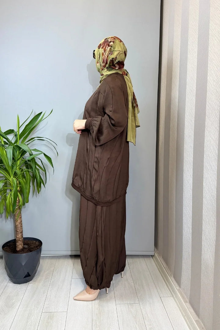 Misswhence Parça Detaylı Tunik Şalvar Takım 39022 - Kahve - Görsel 2 