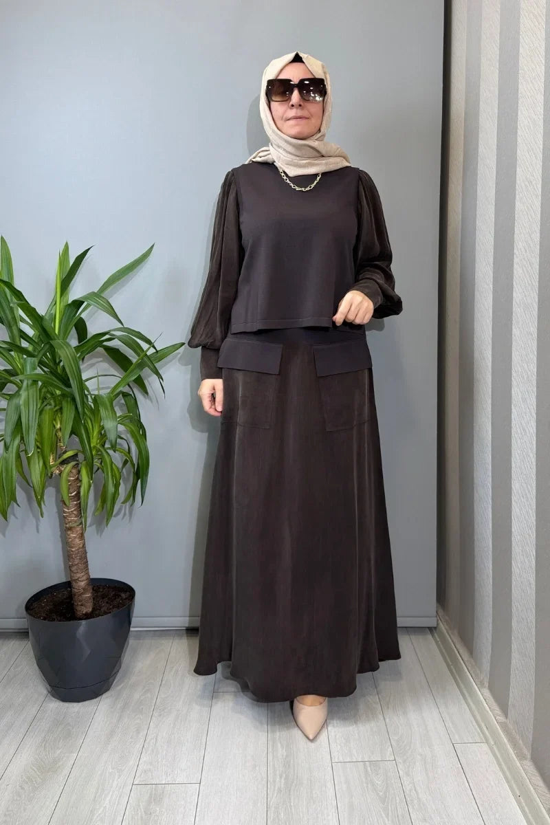 Miss Dalida Balon Cupro Kollu Triko Takım Siyah T26Y-6034 (T26Y-2018) - Kahve - Görsel 1 