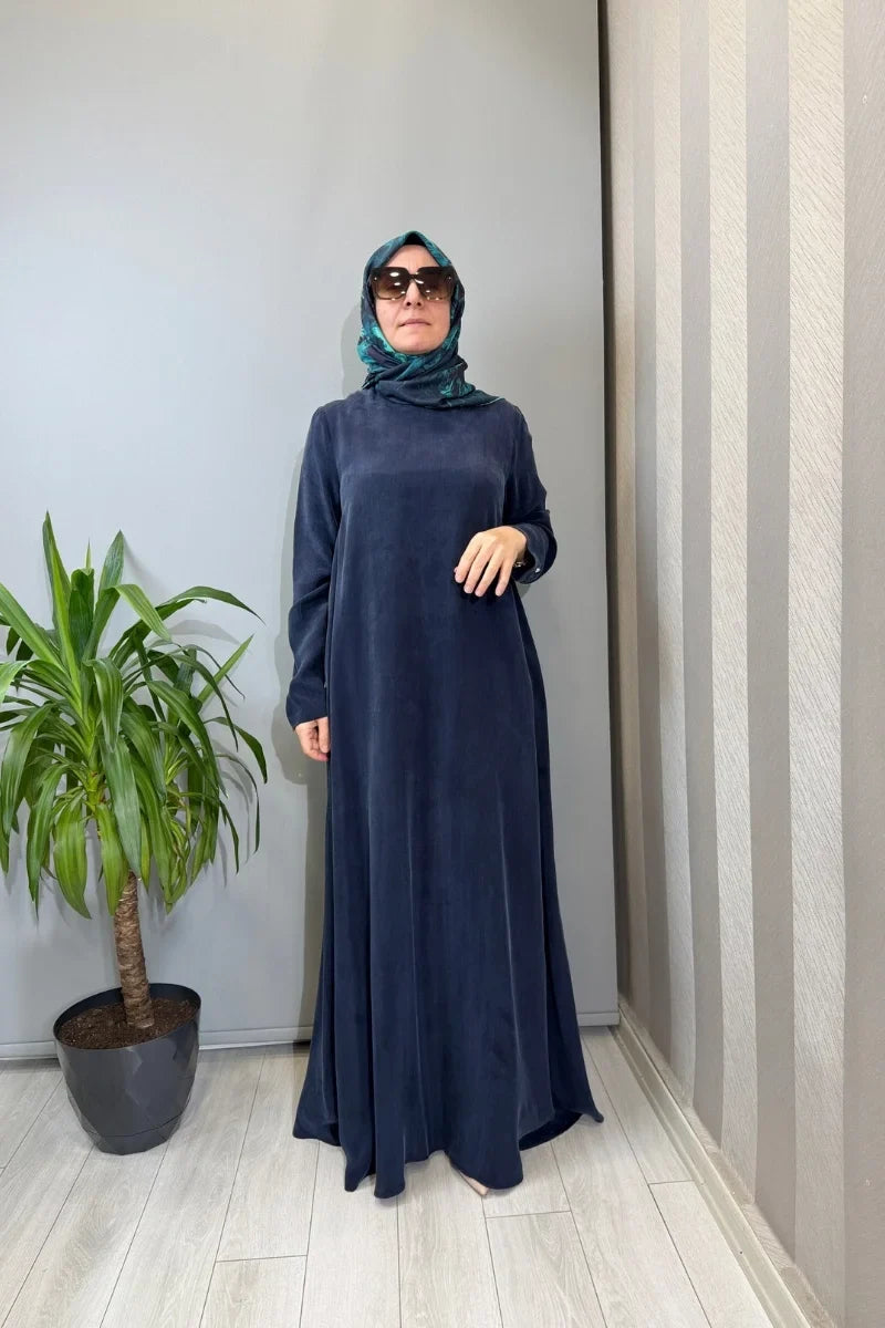 Miss Dalida Düz Renk Uzun Kollu Cupro Elbise Kahverengi T26Y- 4008 - Lacivert - Görsel 1 