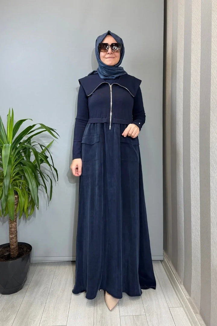 Miss Dalida Fermuar Detaylı Yüksek Yakalı Cupro Elbise Siyah T26Y- 4032 - Lacivert - Görsel 1 