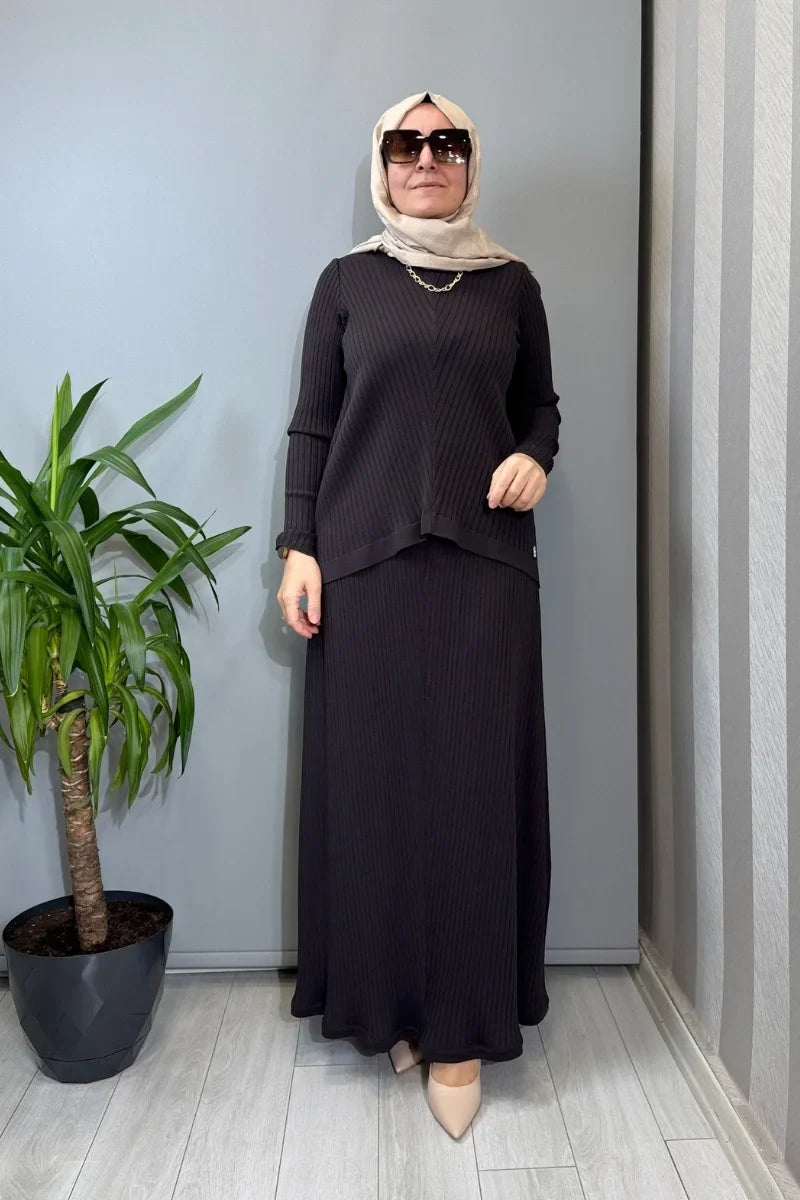 Miss Dalida Rahat Kesim Fitilli Triko Etek Takım Siyah T26Y-6032 (T26Y-2023) - Kahve - Görsel 1 