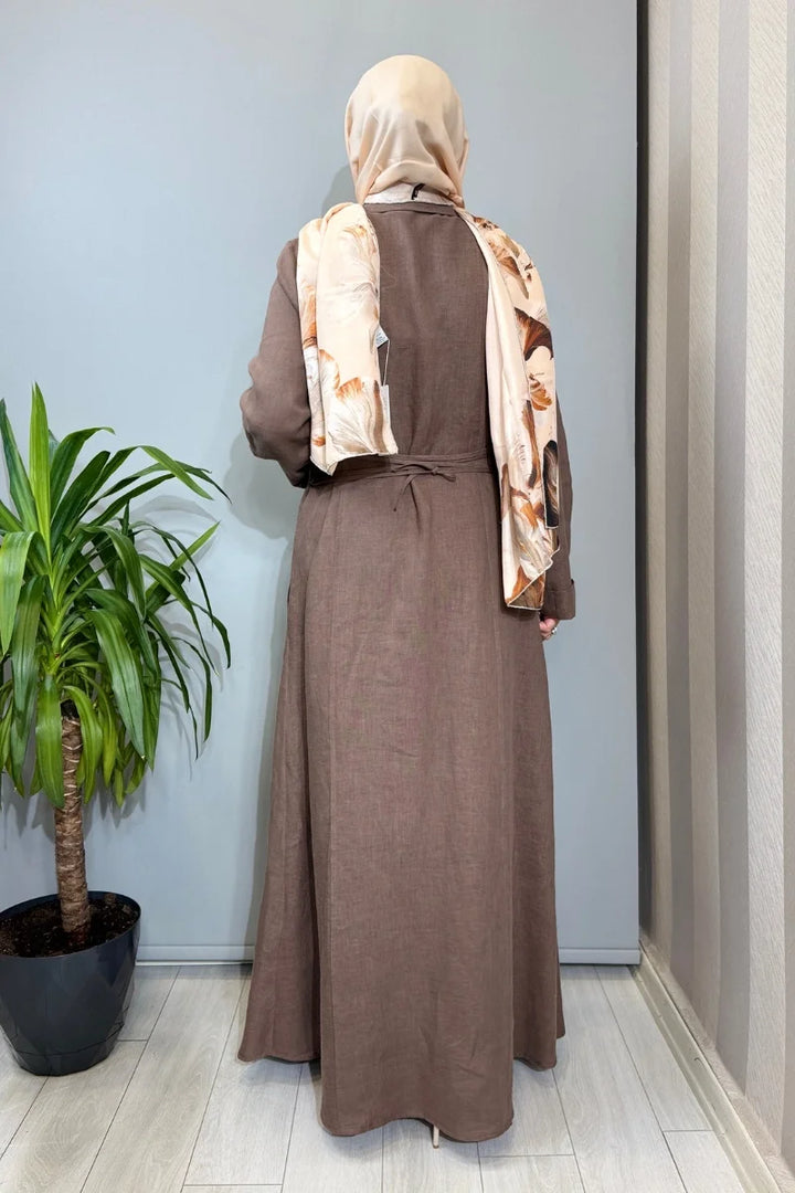Clande Delik İşi Detaylı Keten Elbise Kahve 2601- 5056