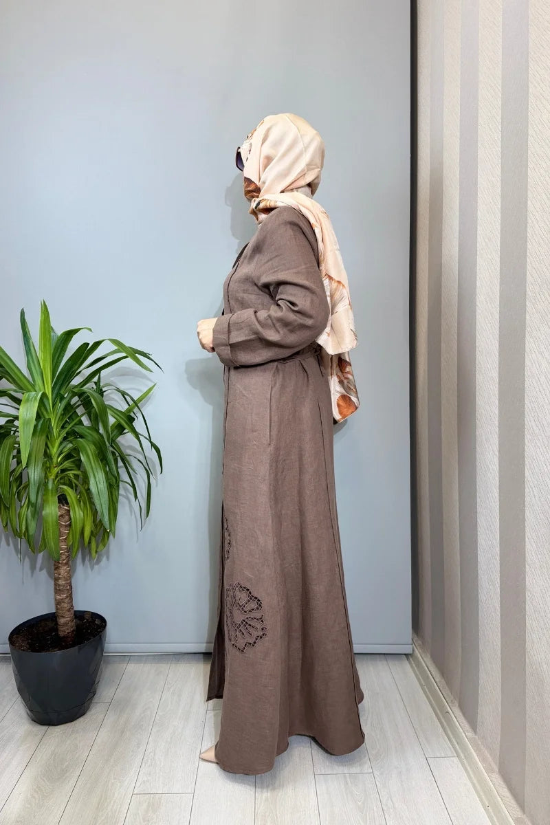 Clande Delik İşi Detaylı Keten Elbise Kahve 2601- 5056