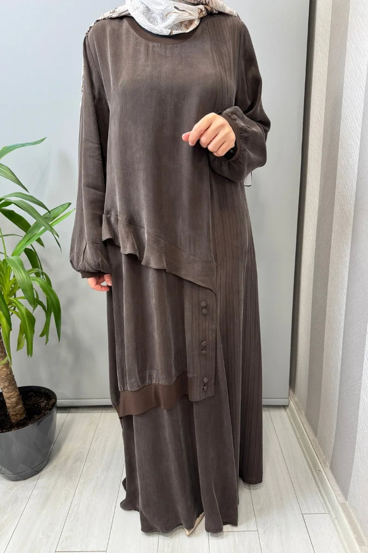 Misswhence Büyük Beden Cupro İpek Elbise Kahve V 3355
