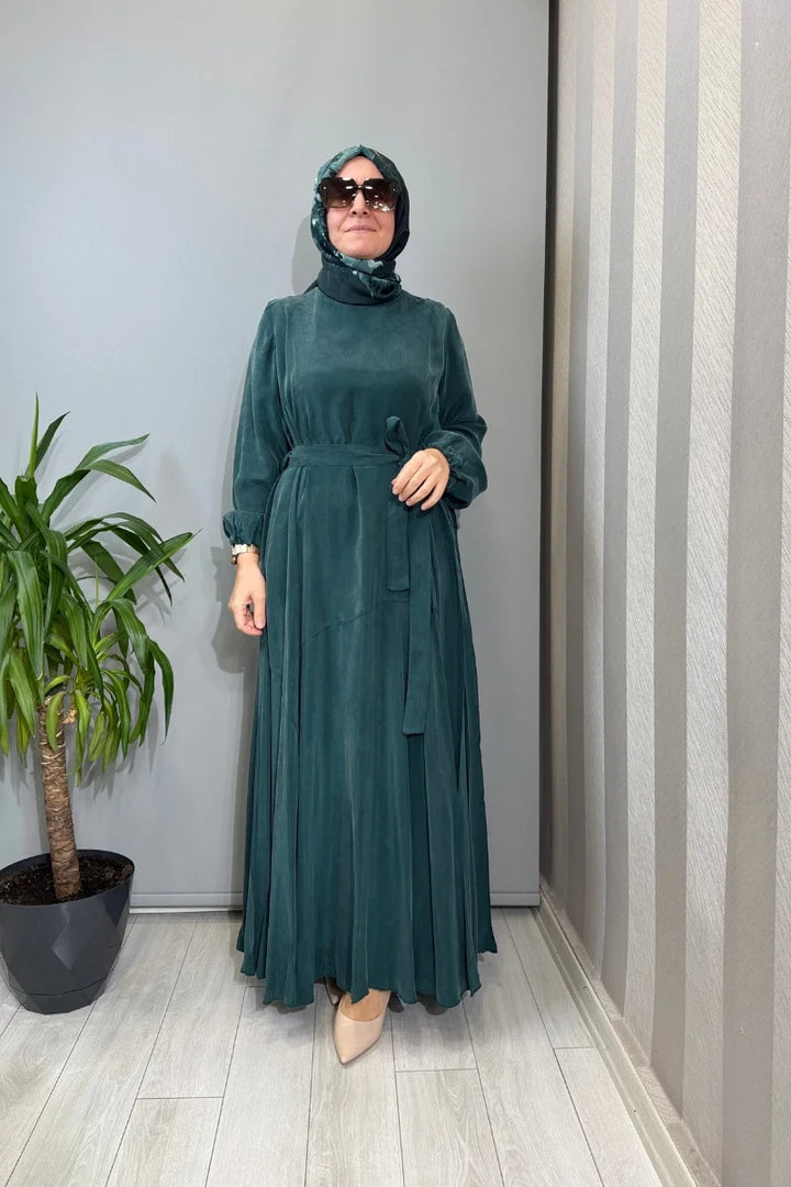 Misswhence Parça Detaylı Cupro İpek Elbise 39842 - Zümrüt - Görsel 1 