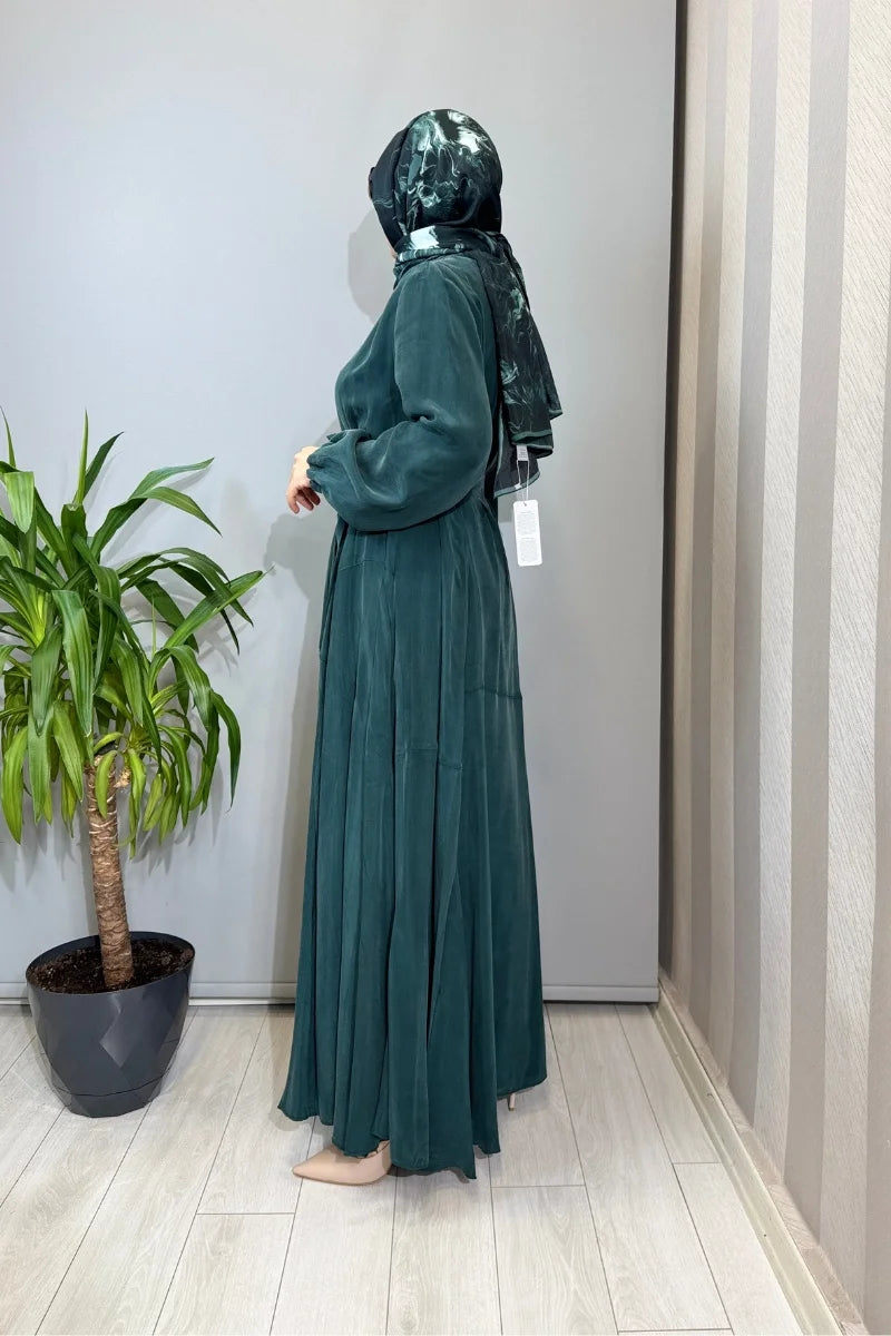 Misswhence Parça Detaylı Cupro İpek Elbise 39842 - Zümrüt - Görsel 2 #renk_z-mr-t