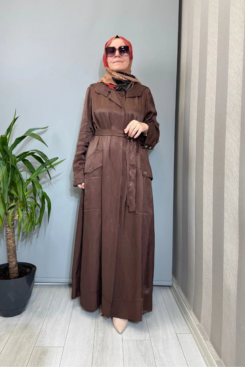 Misswhence Cep Detaylı Kapüşonlu Keten Pardesü 39504 - Kahve - Görsel 1 #renk_kahve