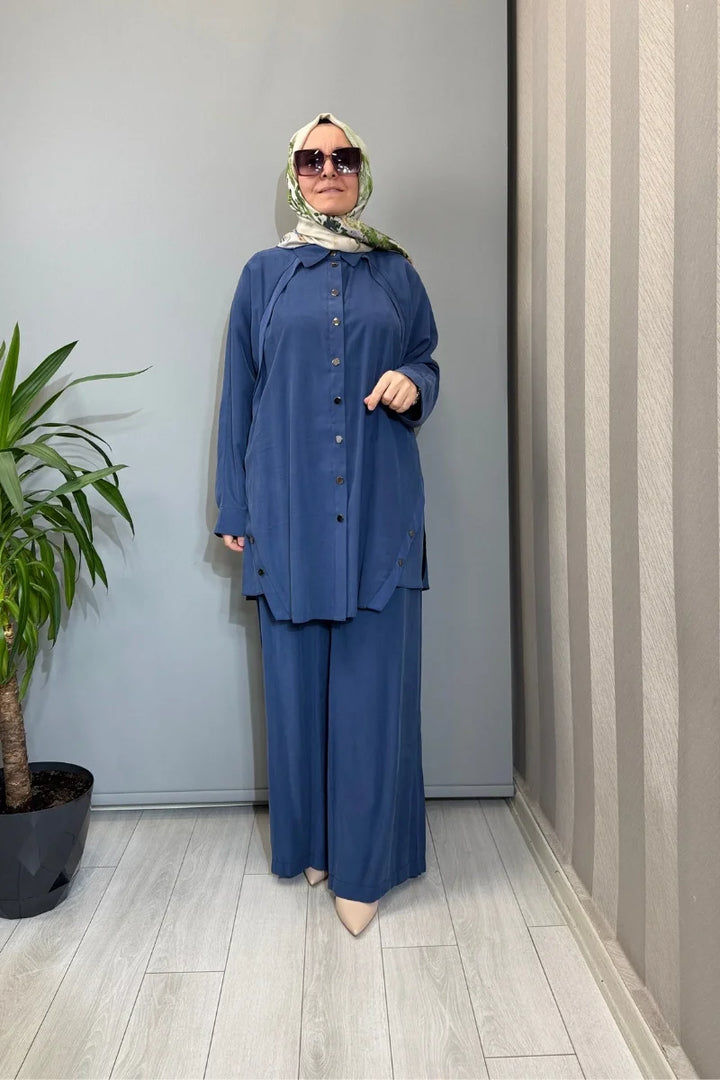 Almarwah Çıtçıt Detaylı Doğal Kumaş Takım 202990 - İndigo - Görsel 1 