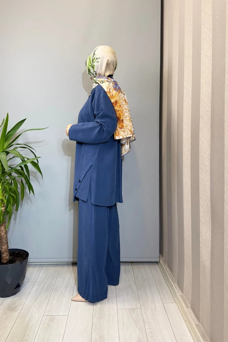 Almarwah Çıtçıt Detaylı Doğal Kumaş Takım 202990 - İndigo - Görsel 2 #renk_i-ndigo