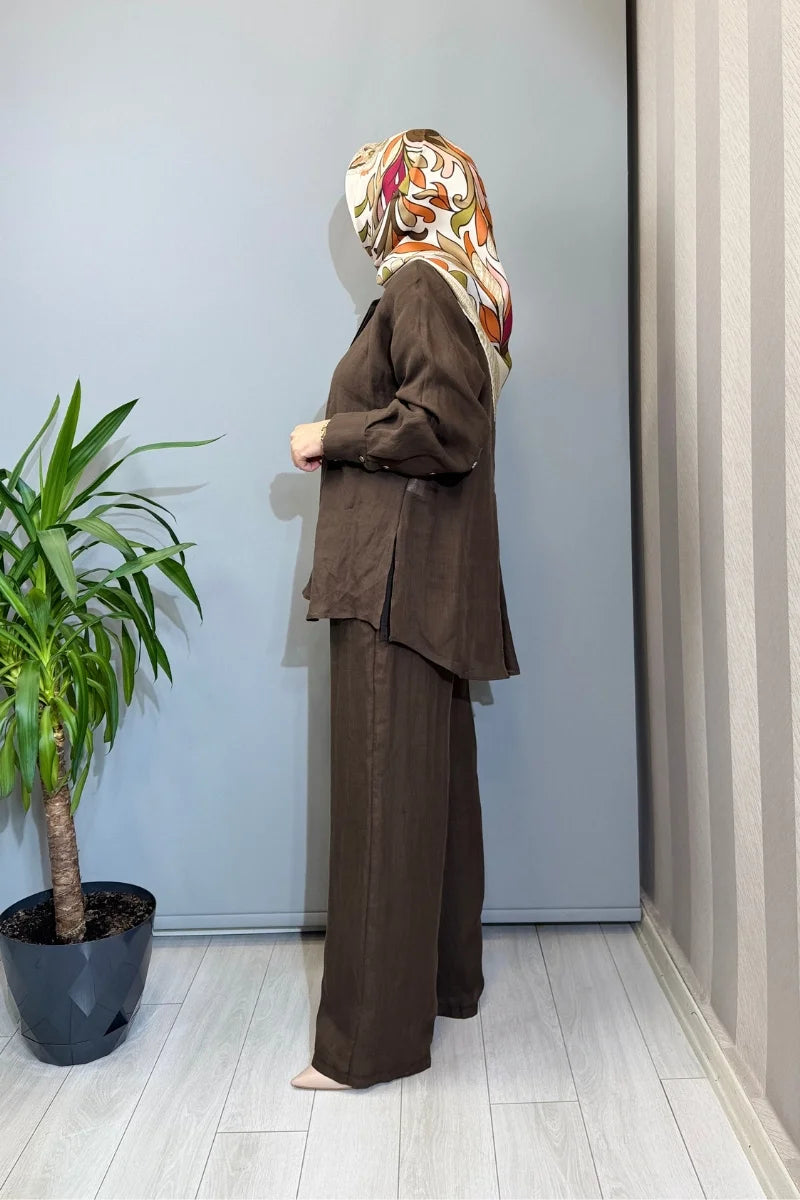 Almarwah Astarlı Keten Pantolon 606124 - Kahve - Görsel 2 
