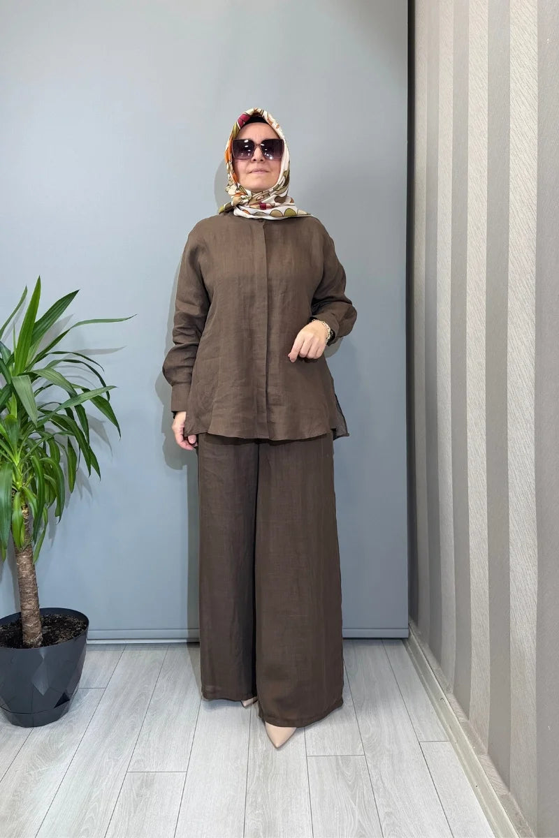 Almarwah Astarlı Keten Pantolon 606124 - Kahve - Görsel 1 #renk_kahve